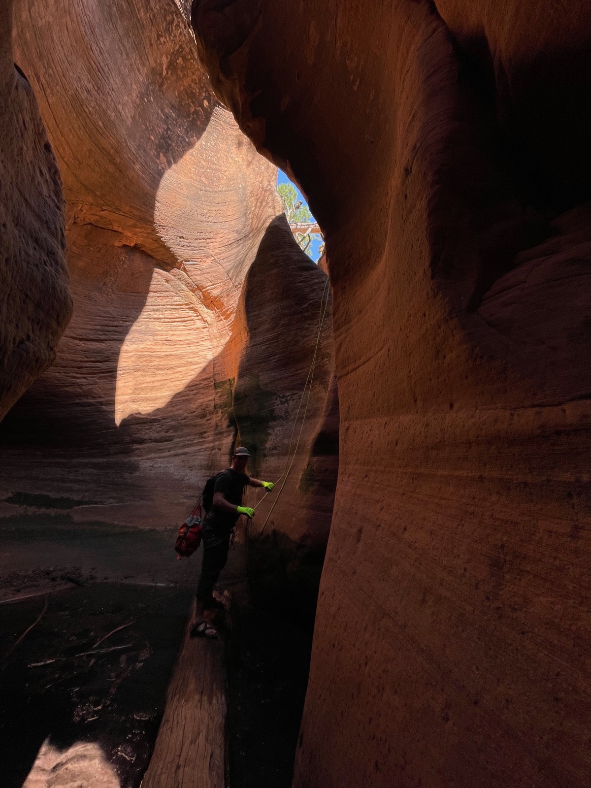 Cody Peterson silhouetted against glowing sandstone, descending a slot canyon on rope